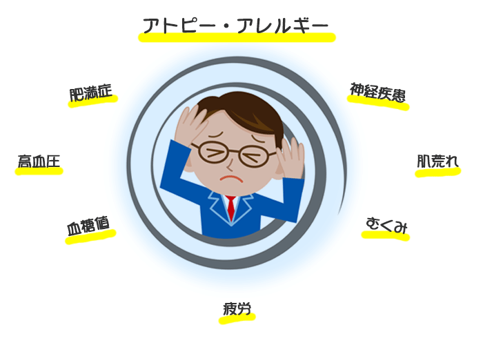 アトピー・アレルギー、神経疾患、肌荒れ、むくみ、拾う、血糖値、高血圧、肥満症